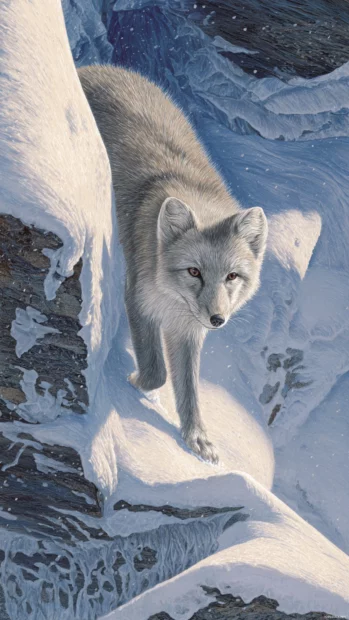 In a vertical icy valley, an Arctic Fox climbs through narrow snowy steps, focused and determined expression.