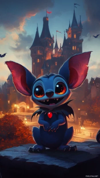 In front of a haunted castle, Stitch poses proudly in his vampire costume.