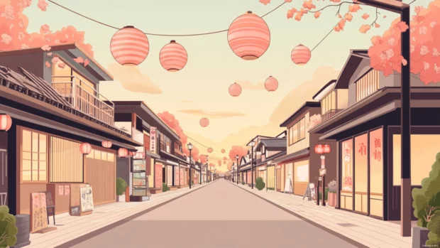 In pastel tones, Cute Japan street view lined with adorable shops and soft pink lanterns glowing in evening light.