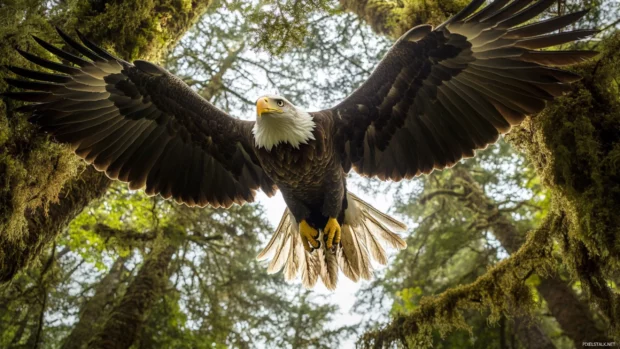 In the forest canopy, an American eagle prepares to dive.