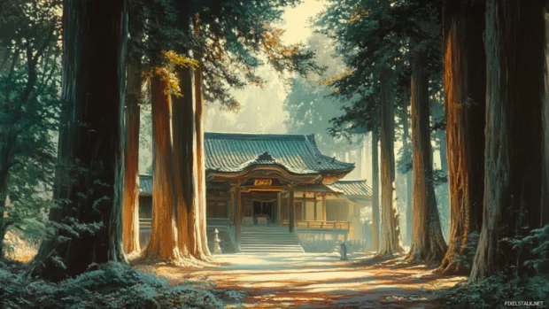 In the heart of Japan an ancient temple stands surrounded by tall cedar trees under soft sunlight.
