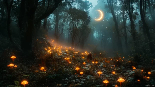 In the heart of a mist filled jungle, glowing fungi light up the forest floor as a bright crescent planet rises.