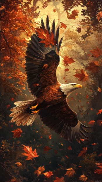 In the heart of autumn, the Eagle flies among falling leaves.