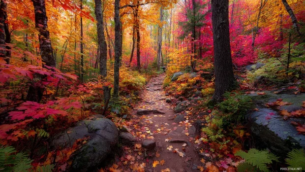 In the heart of the forest, Beautiful Fall unfolds with brilliant foliage and scattered golden leaves on the trail.