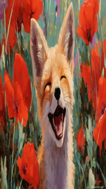 In the middle of a poppy field, a smiling Cute Fox enjoys the sunshine, petals floating in the breeze, joyful vibe.