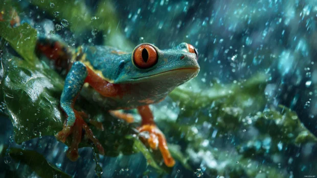 In the middle of a rainforest, a Frog jumps between leaves with water droplets flying, full motion and vibrant colors.