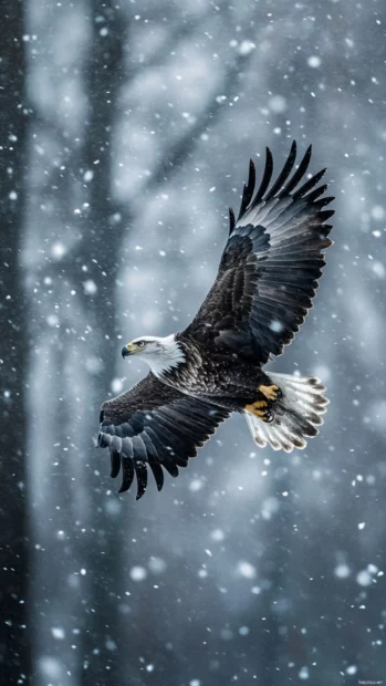 In the middle of a snowstorm, an Eagle hovers strong against the wind.