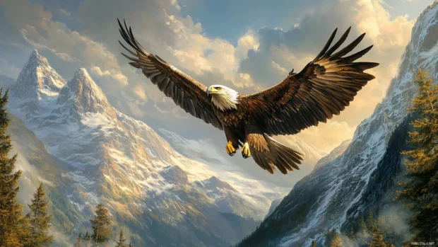In the mountain breeze flies a Cool Eagle, powerful and free.