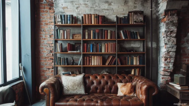 Industrial style bookshelf in a loft with exposed brick walls and vintage books.