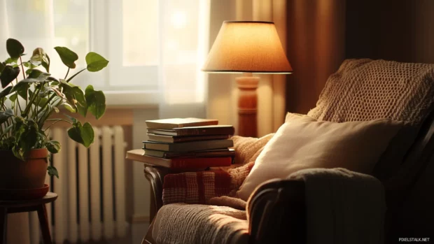 Interior cozy corner in Earth tone color scheme with reading lamp and books.