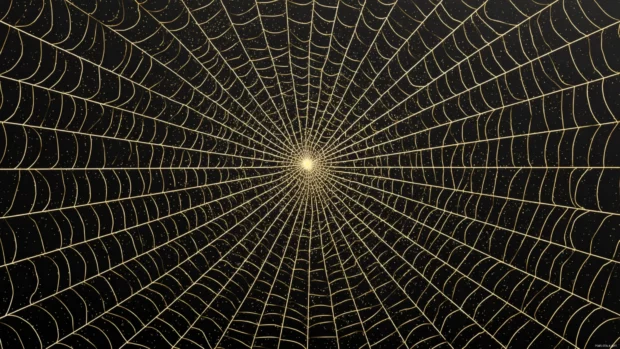 Intricate lines forming a radiant gold geometric web with deep contrast and minimal shadows.