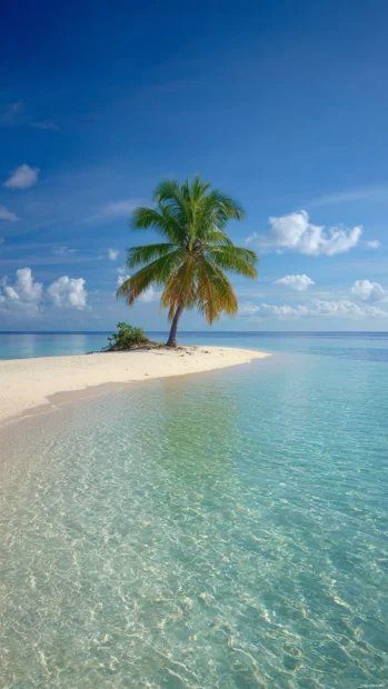 Isolated Palm tree on a peaceful island with soft white sand and calm shallow water, clean background.