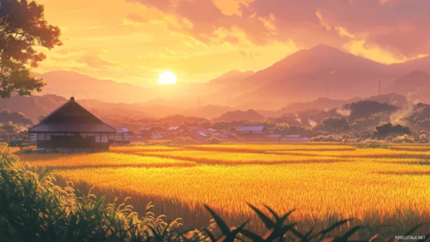 Japan countryside glowing with golden rice fields under a pastel sunset sky creating a peaceful mood.