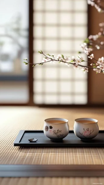 Japan iPhone wallpaper depicting a tea ceremony setting with delicate Japanese teacups and tatami mat.