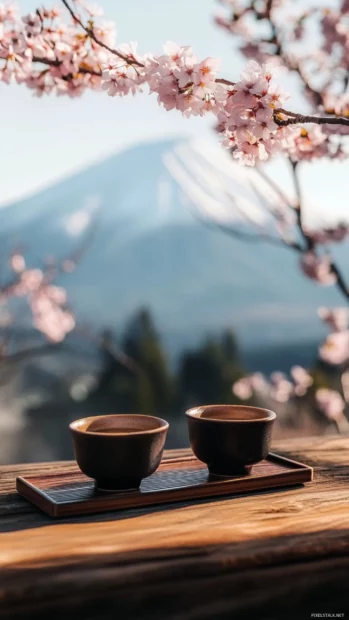 Japan iPhone wallpaper featuring Mount Fuji at sunrise with cherry blossoms in full bloom.