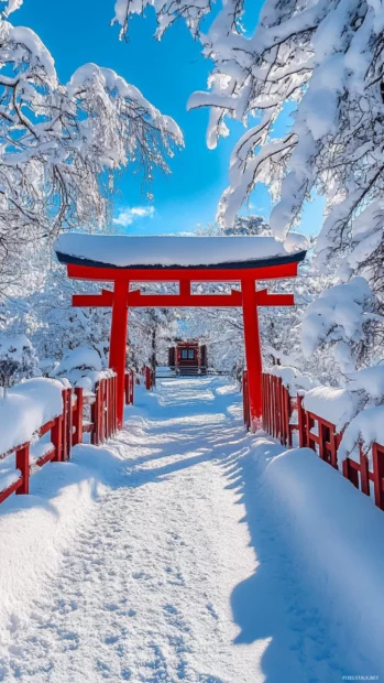 Japan iPhone wallpaper presenting a snow covered Shinto shrine in Hokkaido under a clear blue sky.