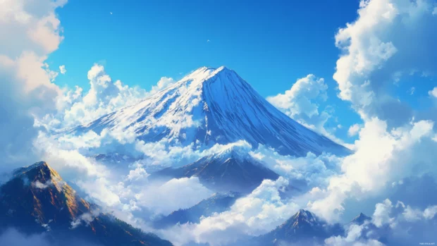 Japanese Mount Fuji wallpaper with dramatic snow capped peak set against vivid blue skies and drifting clouds.