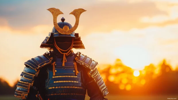 Japanese Samurai armor shining in sunset.