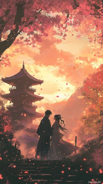 Japanese Samurai couple in romantic anime scene.