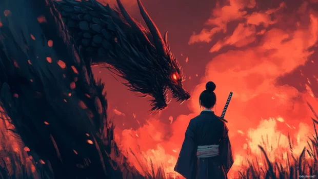 Japanese Samurai facing fierce dragon.