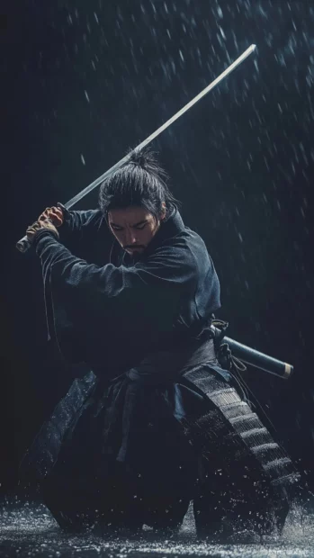 Japanese Samurai holding katana in dramatic pose.