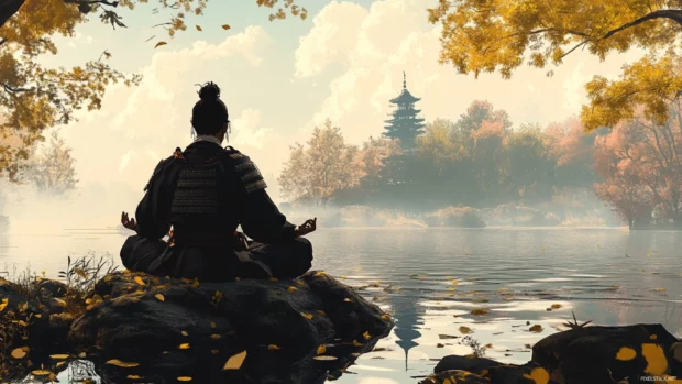 Japanese Samurai meditating by tranquil river.