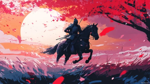 Japanese Samurai riding horse through battlefield.