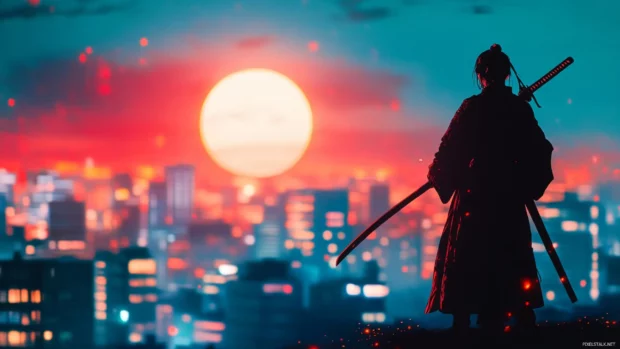 Japanese Samurai silhouette against glowing cityscape.