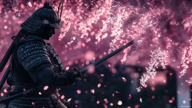 Japanese Samurai warrior in cherry blossom garden.