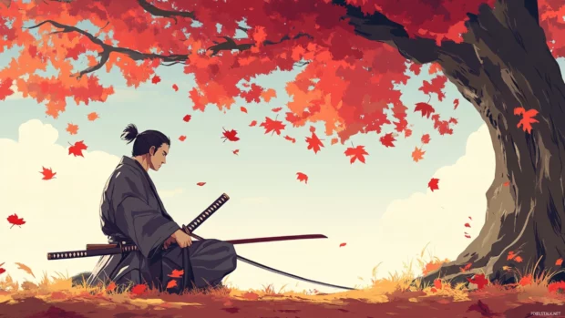 Japanese Samurai with katana under red maple tree.