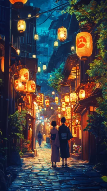 Japanese anime characters standing under glowing street lanterns on a quiet night walk.