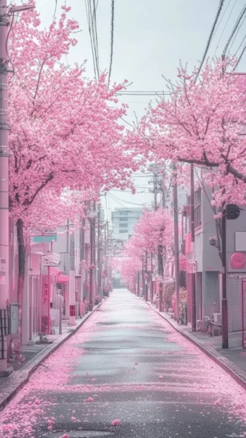 Japanese anime wallpaper showing a pastel city street with cherry blossoms.