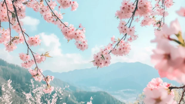 Japanese cherry blossom branches framing a beautiful mountain view under a pastel blue sky.
