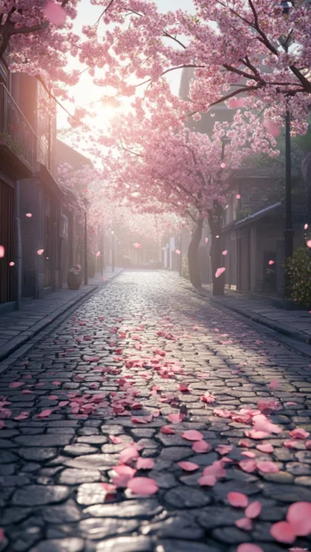 Japanese cherry blossom petals falling gracefully over a quiet cobblestone street in the early morning.