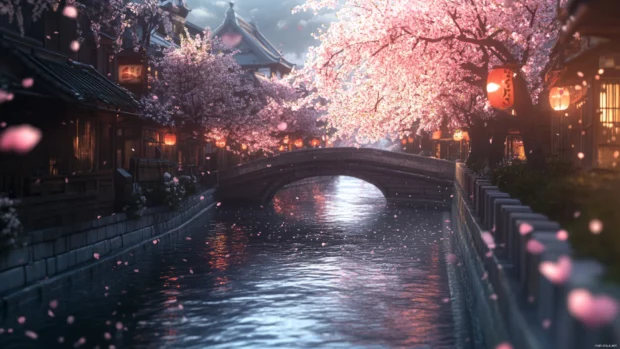Japanese cherry blossom trees arching over a narrow canal filled with softly drifting petals.