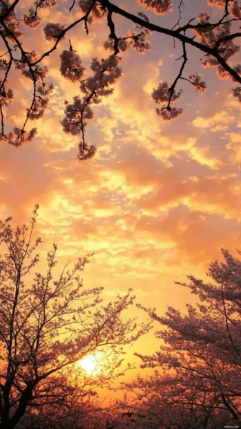 Japanese cherry blossom trees silhouetted against a glowing sunset sky turning everything golden.