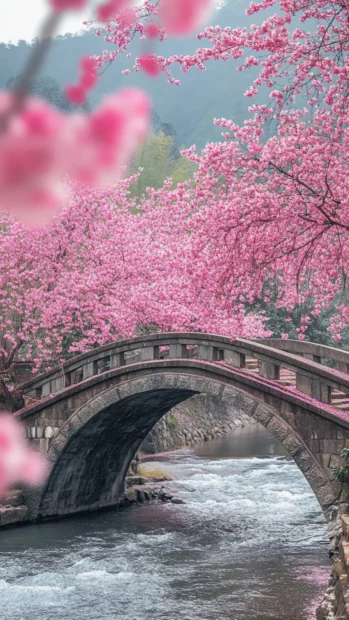 Japanese cherry blossom trees standing proudly along an old stone bridge with water flowing below.
