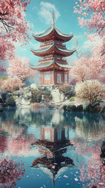 Japanese cherry blossom trees surrounding a beautiful pagoda rising high into the clear spring air.