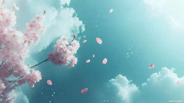 Japanese cherry blossom wallpaper with soft pink petals fluttering across a serene blue sky.