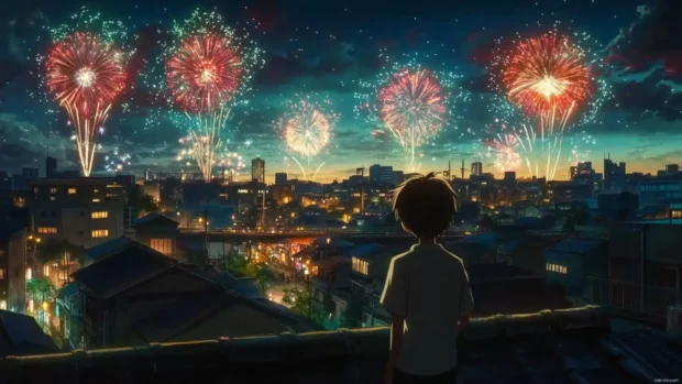 Japanese city rooftops where anime characters watch fireworks light up the summer sky.