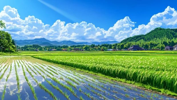 Japanese countryside in anime style with rice fields stretching under a bright blue sky.