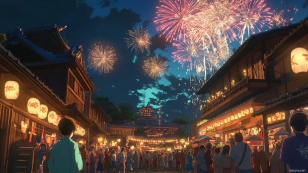 Japanese festival with fireworks lighting up the sky anime wallpaper.