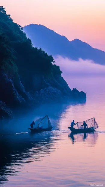 Japanese fishermen casting nets at dawn along a peaceful coastline with soft morning mist.