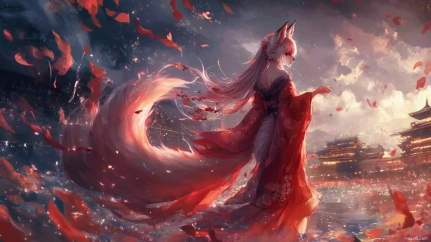 Japanese fox spirit kitsune with mystical aura anime wallpaper.