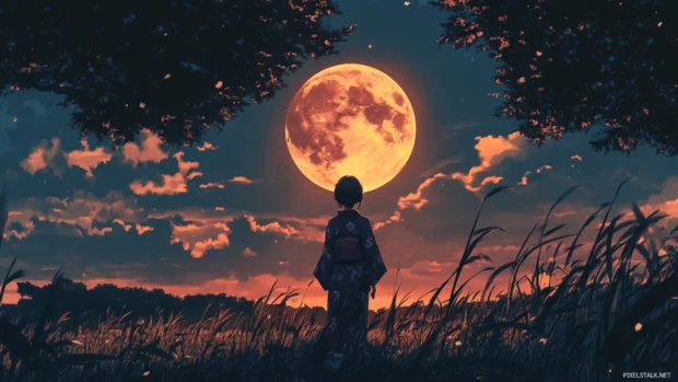 Japanese girl in kimono under a full moon anime wallpaper.