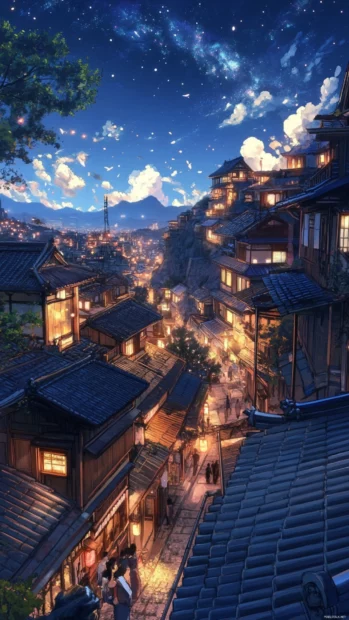 Japanese rooftops glowing under the stars as anime characters gaze up at the night sky.