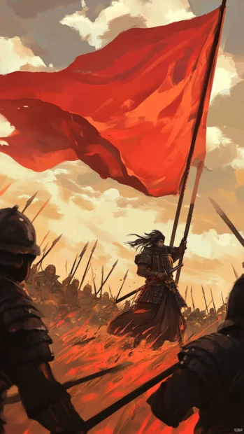 Japanese samurai holding a banner as the wind whips across an open battlefield.