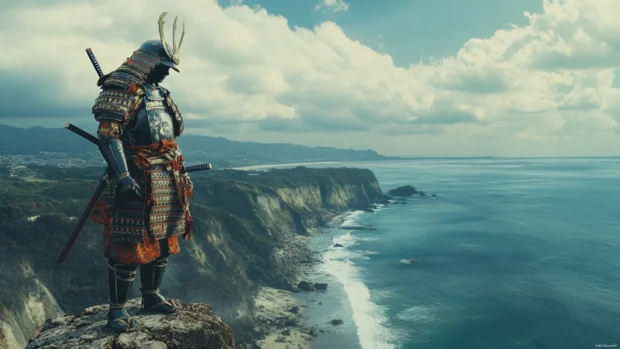 Japanese samurai in ornate armor standing at the edge of a cliff overlooking the ocean.