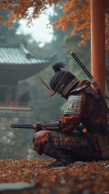 Japanese samurai kneeling at a shrine with hands resting on the hilt of his sword.