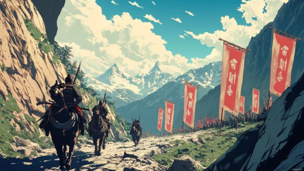Japanese samurai leading an army across a narrow mountain pass with banners flying.